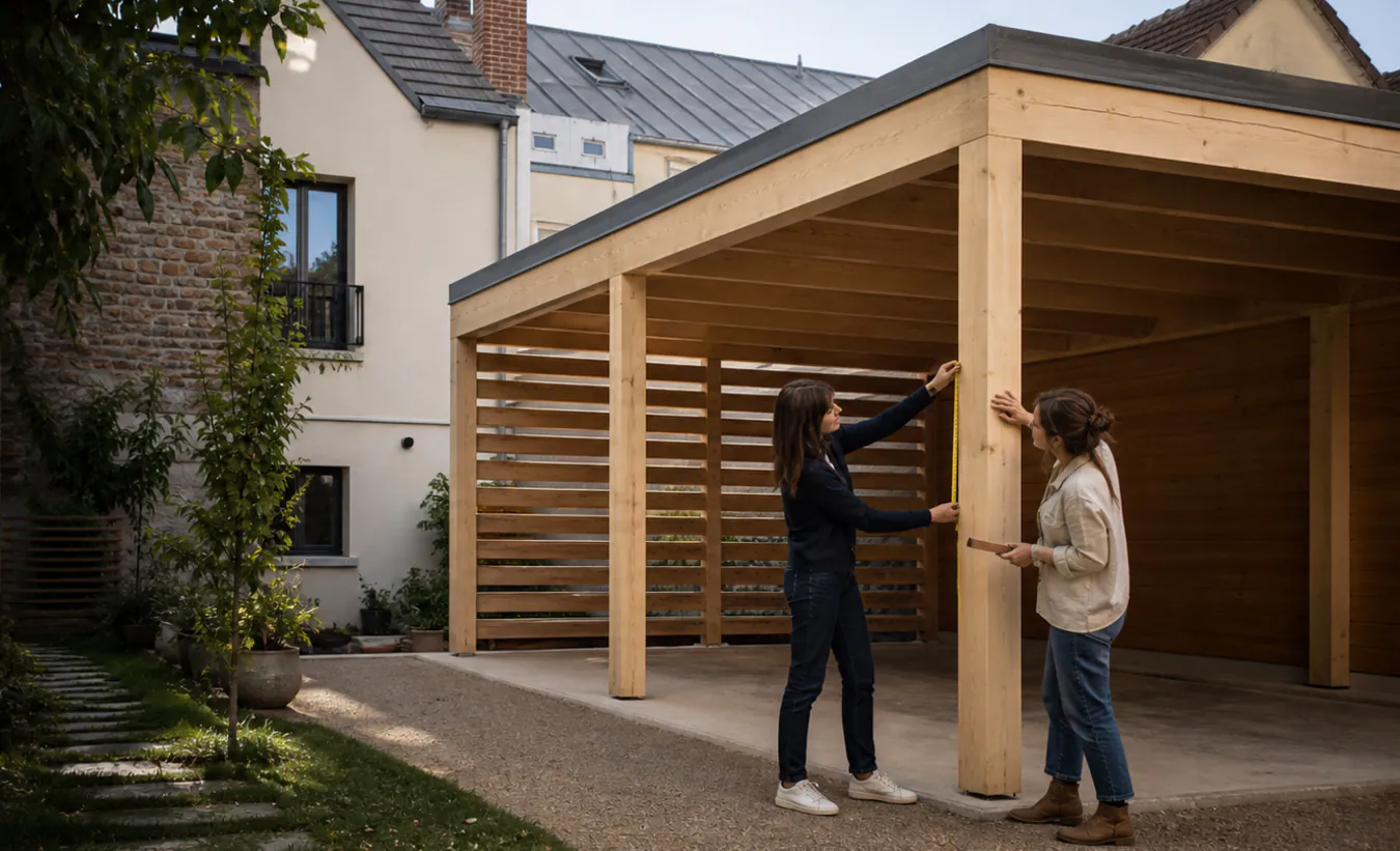 Une architecte et un propriétaire mesurent un carport en bois près d'une maison d'Île-de-France avec un jardin compact