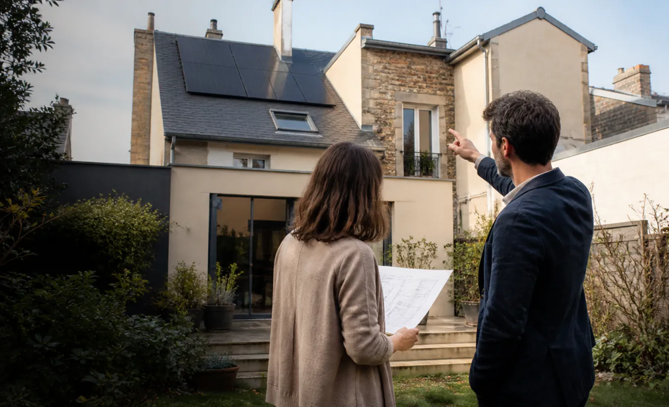 Un architecte et une propriétaire vérifient des panneaux solaires sur une maison francilienne en brique et enduit clair