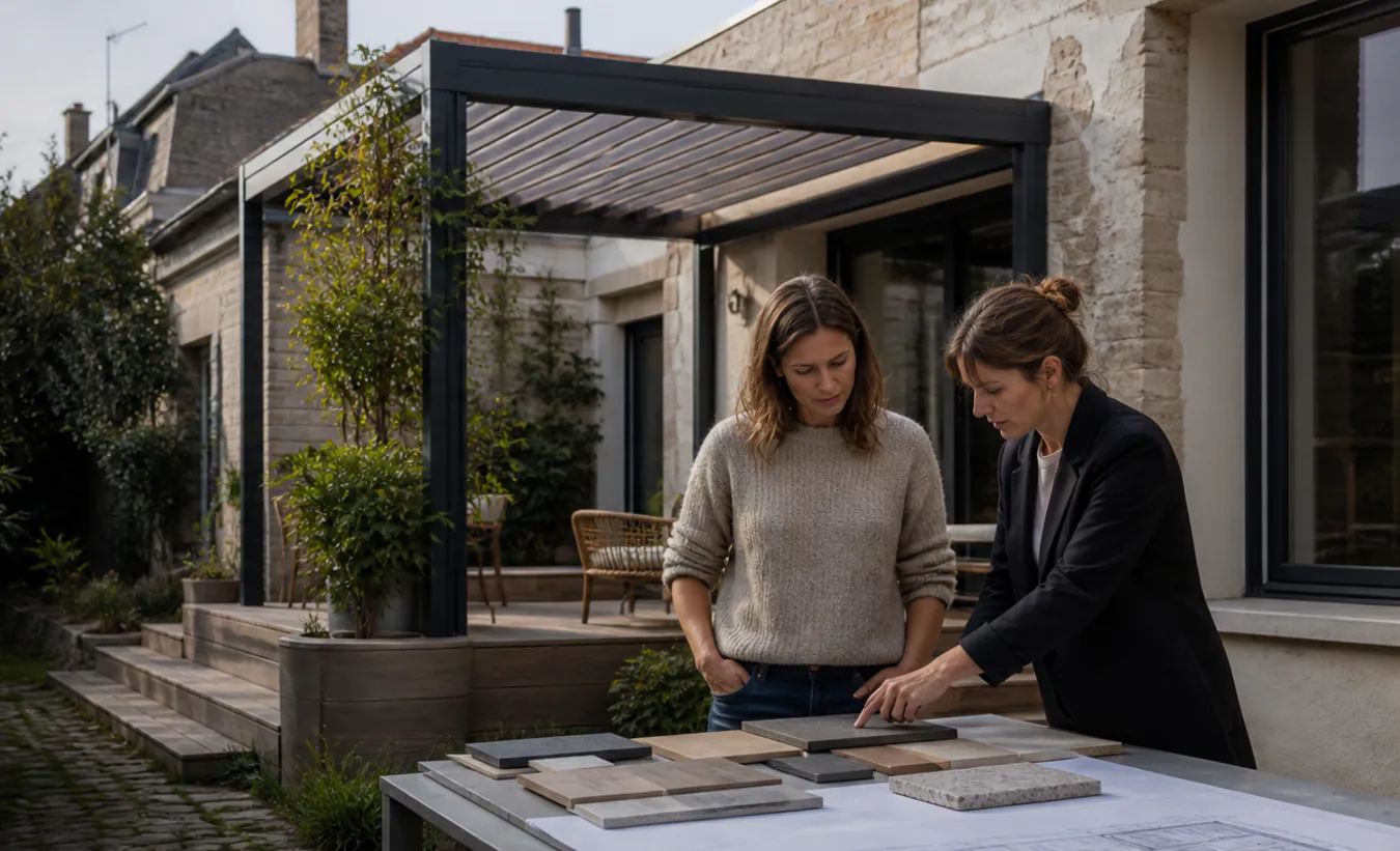 Une architecte et un propriétaire examinent une terrasse avec pergola devant une maison francilienne en brique et enduit clair