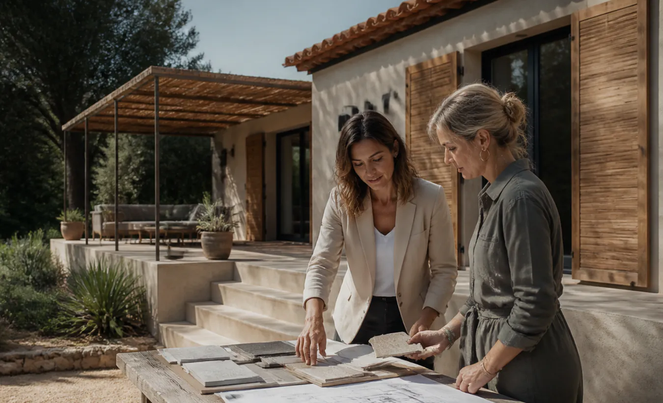 Une architecte et un propriétaire examinent une terrasse avec pergola devant une maison du sud de la France au jardin minéral
