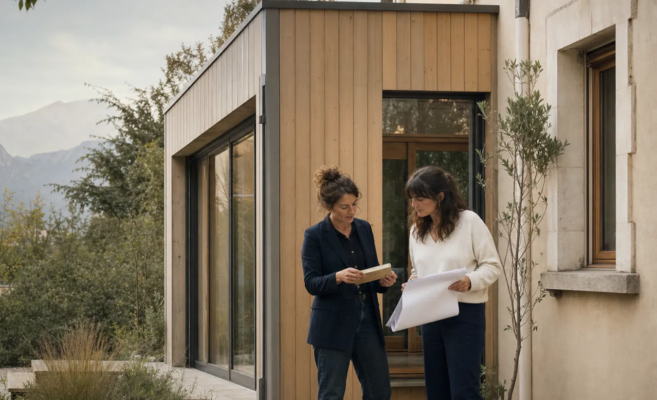 Une propriétaire et un architecte examinent une extension dans un jardin au pied des montagnes