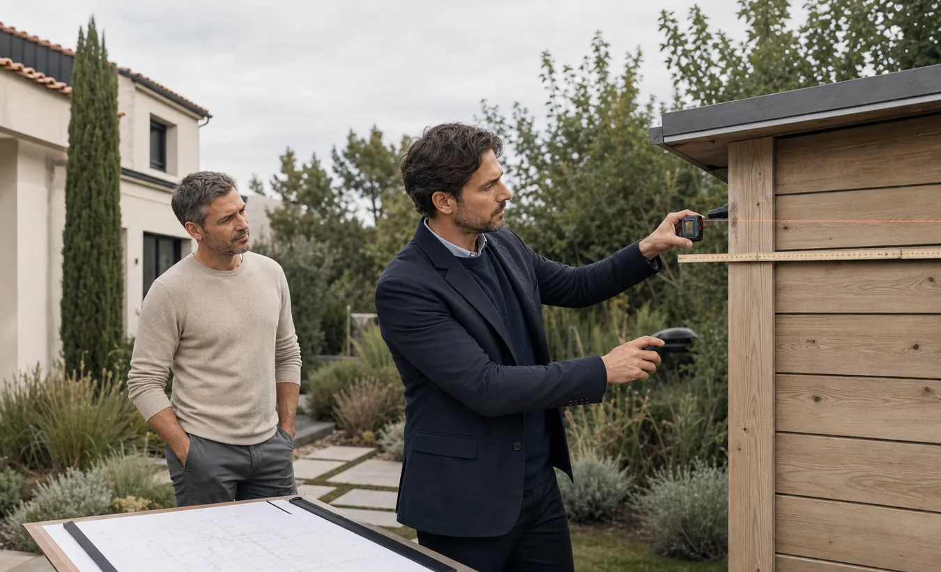 Un professionnel mesure le débord de toiture d'un abri de jardin en bois devant son propriétaire