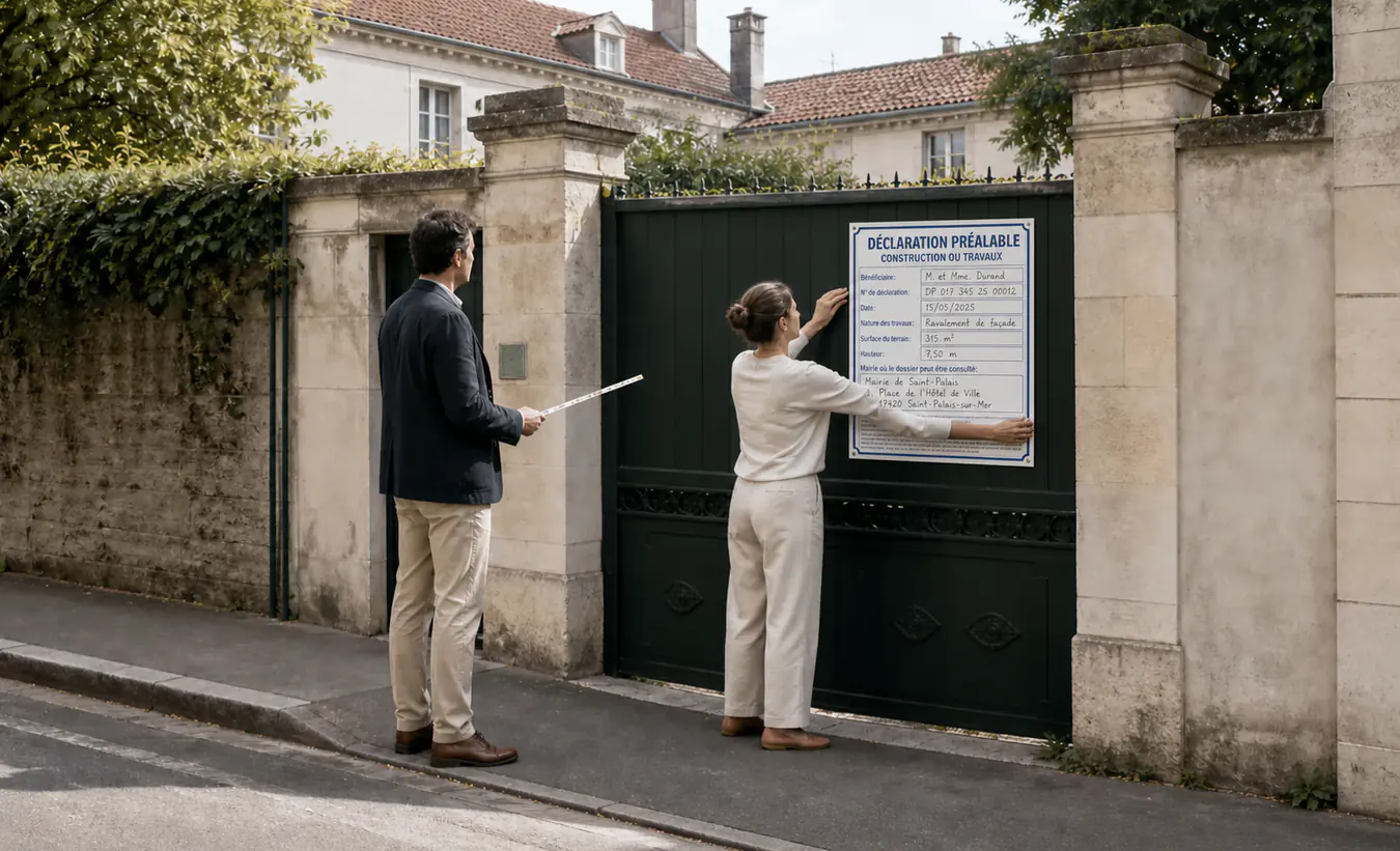 Une propriétaire fixe un panneau d'affichage sur son portail pendant qu'un conseiller en vérifie la position depuis la rue