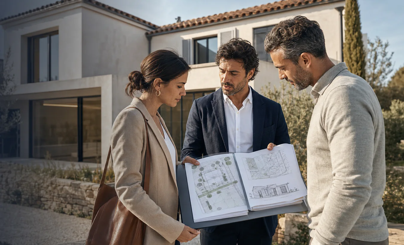 Un architecte présente les plans d'une déclaration préalable à des propriétaires devant une maison française