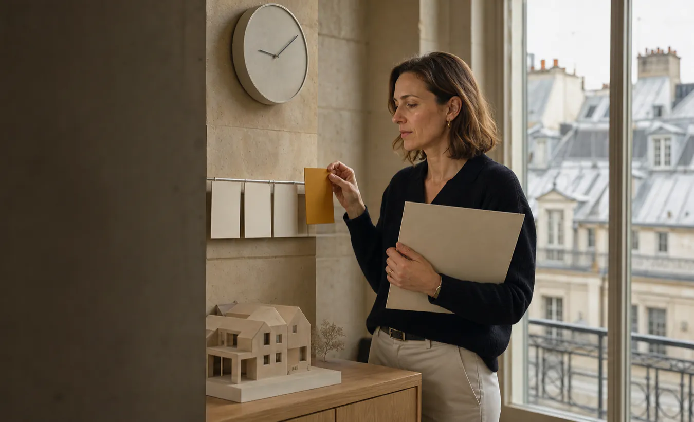 Une coordinatrice en urbanisme déplace une fiche de suivi sous une horloge, un dossier et une maquette de maison à ses côtés