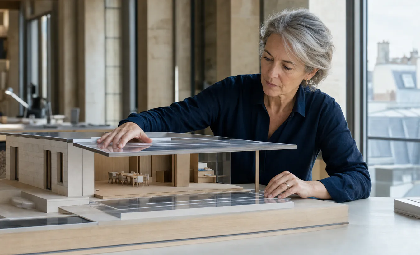 Une architecte manipule une maquette en coupe pour comparer l'emprise au sol et la surface de plancher d'une maison