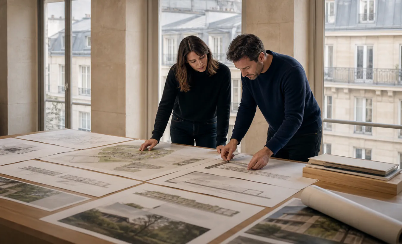 Deux professionnels de l'architecture vérifient les plans et photographies d'un dossier de déclaration préalable dans une agence française