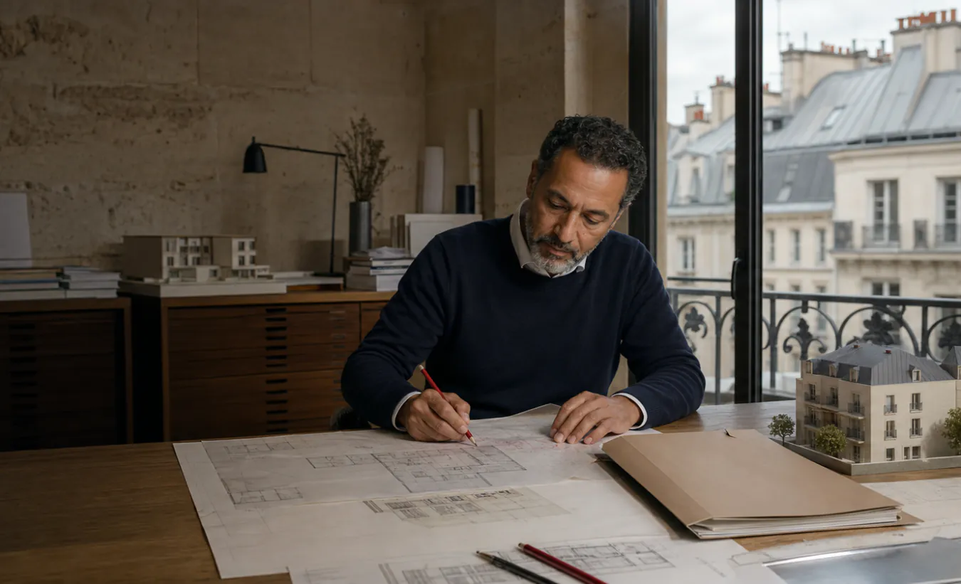 Un urbaniste annote calmement les plans corrigés d'un projet après un refus d'urbanisme
