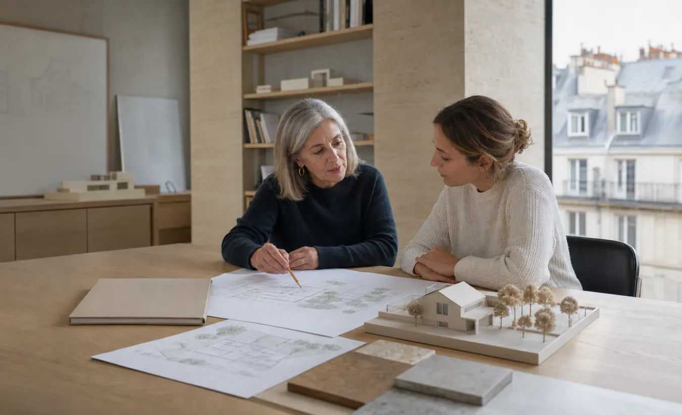 Une urbaniste et une propriétaire examinent des plans corrigés et une maquette dans une agence française