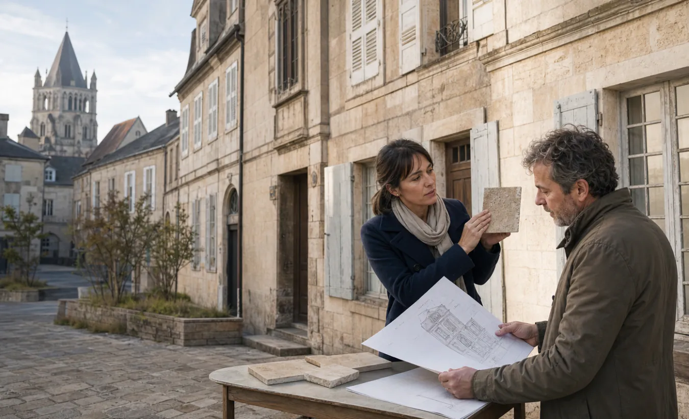 Une architecte du patrimoine compare un échantillon de pierre et un dessin de façade avec un propriétaire dans un centre ancien français