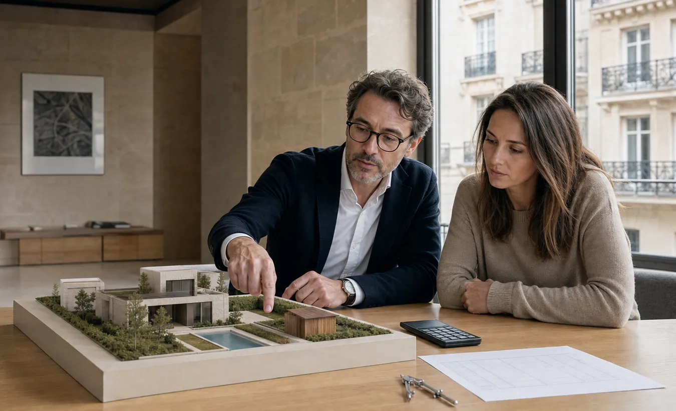 Un conseiller présente à une propriétaire la maquette d'une maison avec piscine et abri de jardin pour estimer la taxe d'aménagement