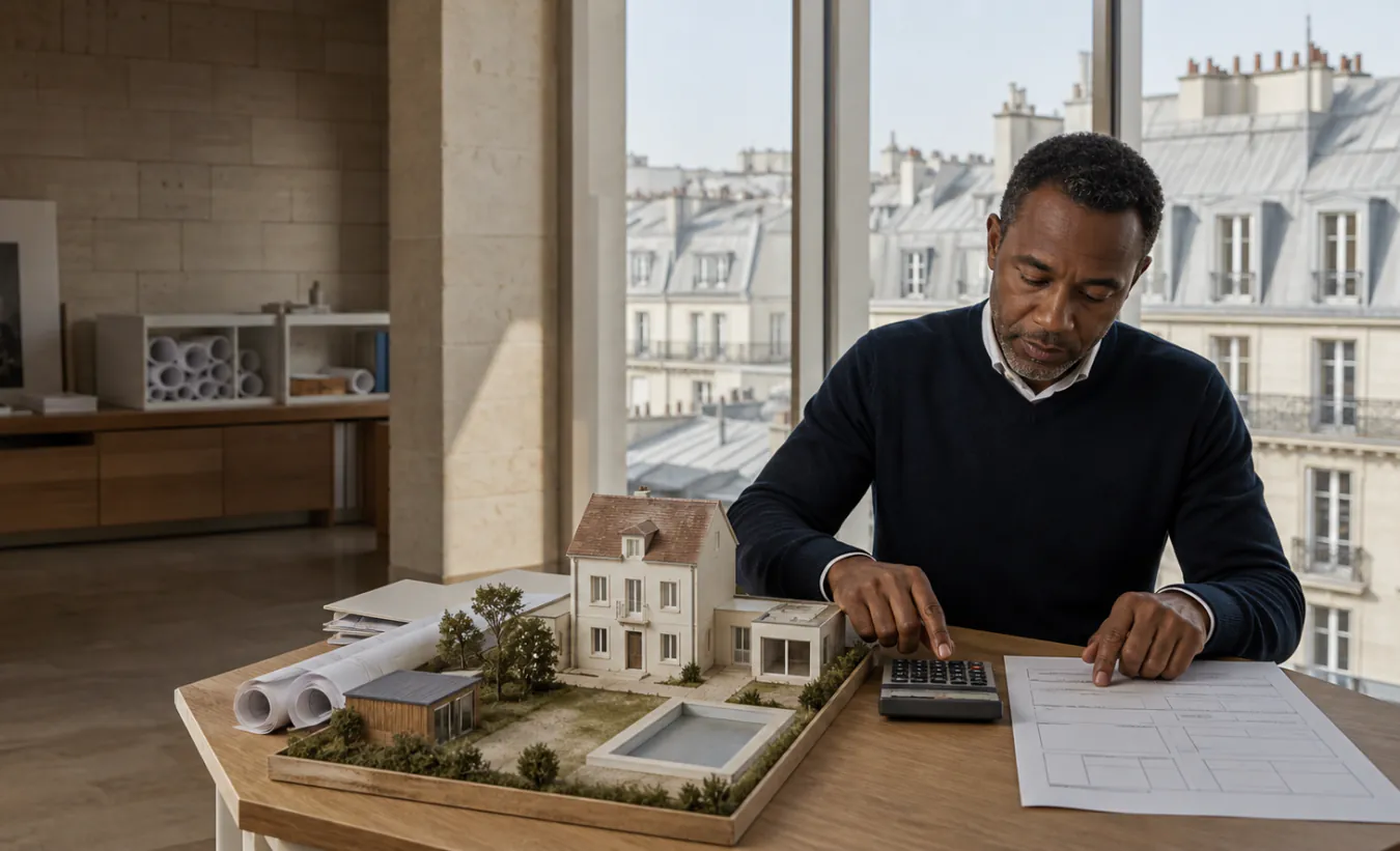 Un conseiller calcule une taxe d'aménagement auprès d'une maquette de maison et d'annexes