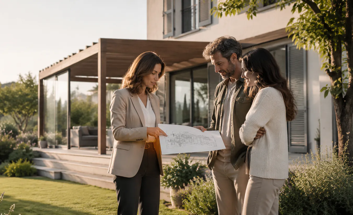 Une architecte déroule un plan d'urbanisme devant un couple, devant une maison et sa pergola