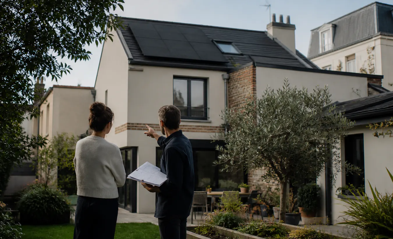 Un architecte et une propriétaire vérifient des panneaux solaires sur une maison d'Île-de-France avec un jardin compact
