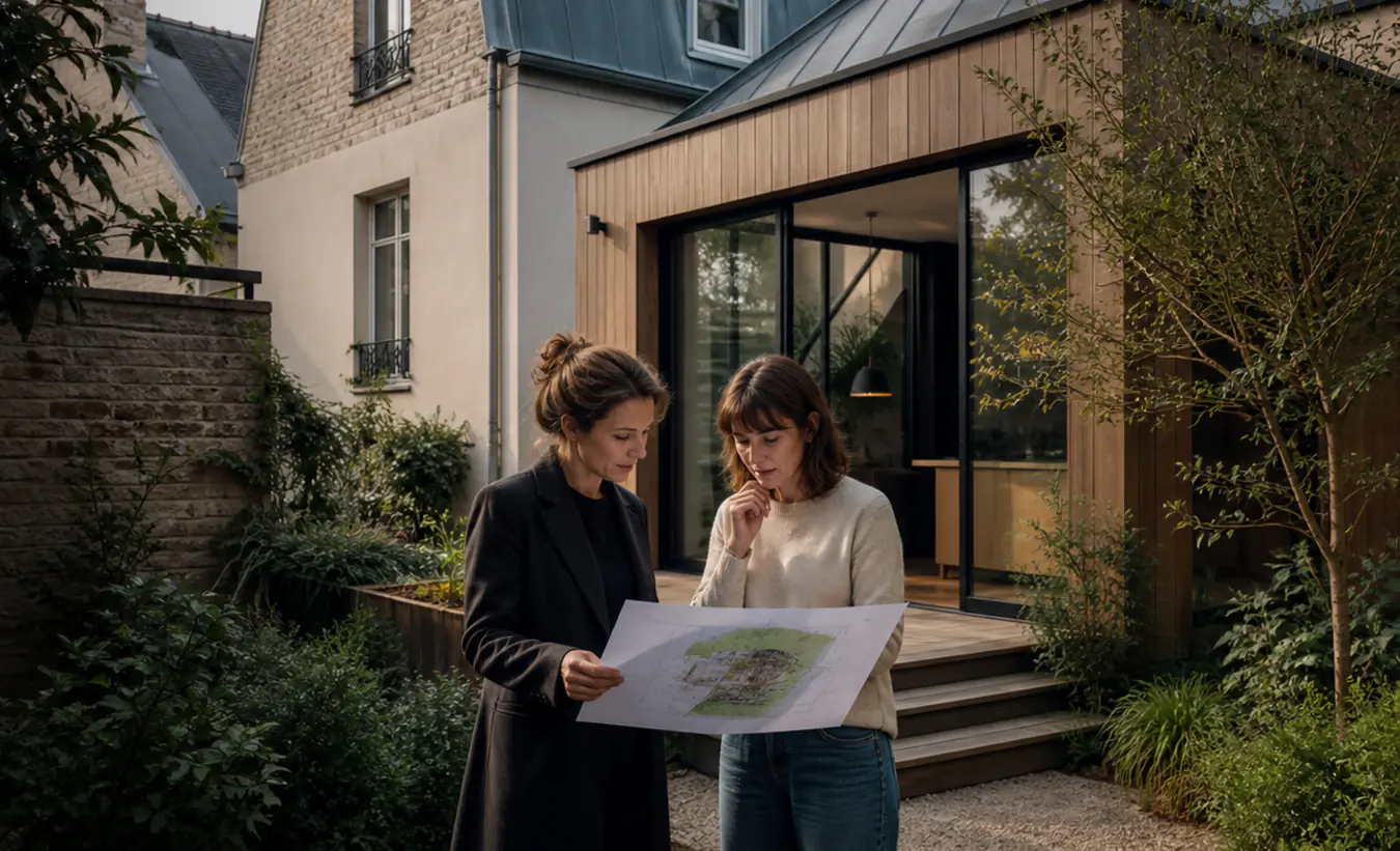 Une architecte et une propriétaire examinent une extension de maison francilienne en brique et enduit clair