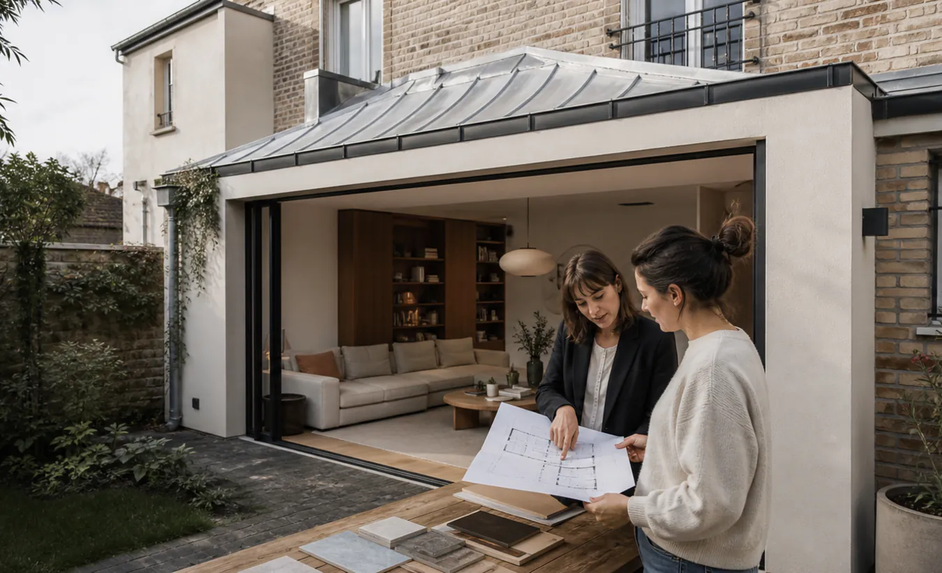 Une architecte et une propriétaire examinent la transformation d'un garage d'une maison francilienne en brique et enduit clair