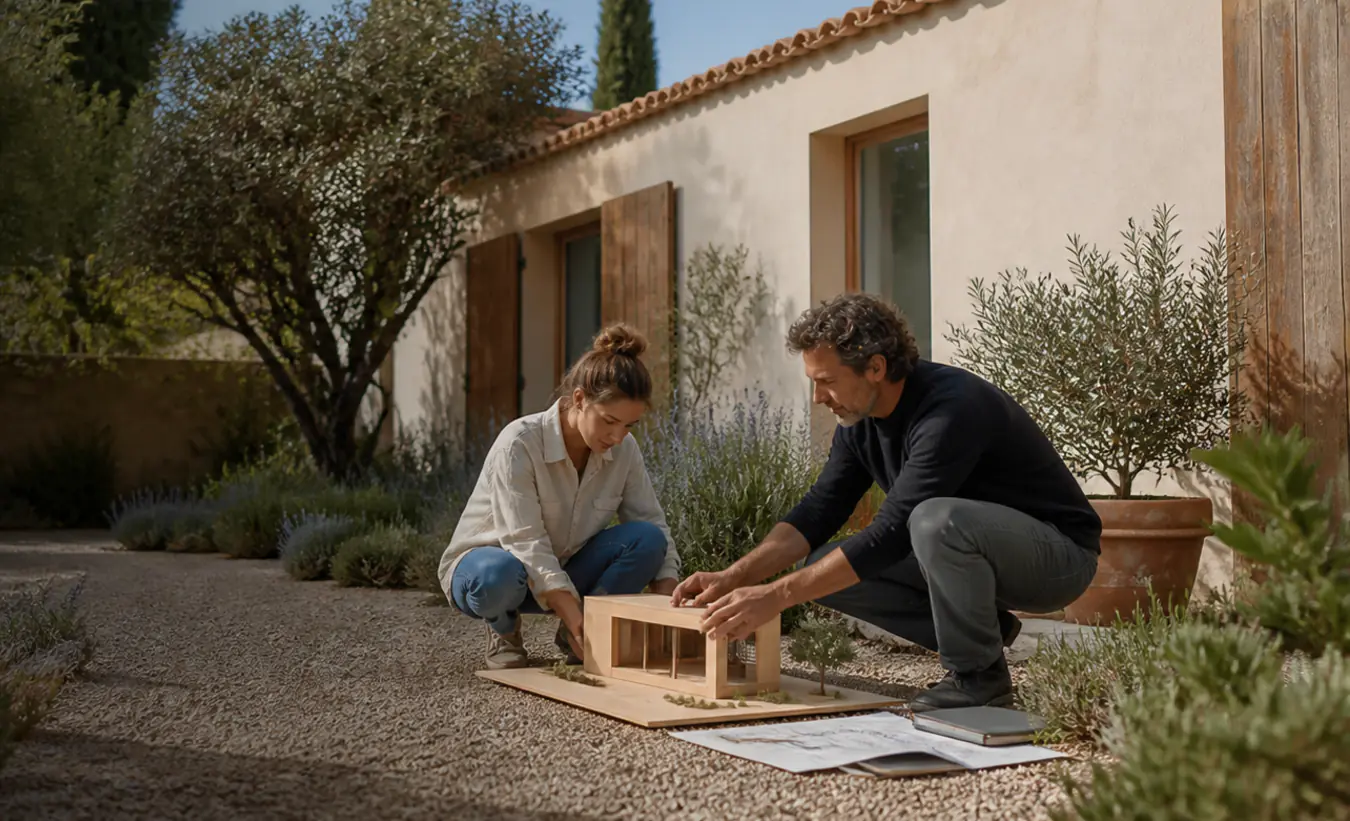 Une architecte et une propriétaire positionnent un abri de jardin près d'une maison du sud de la France au jardin minéral