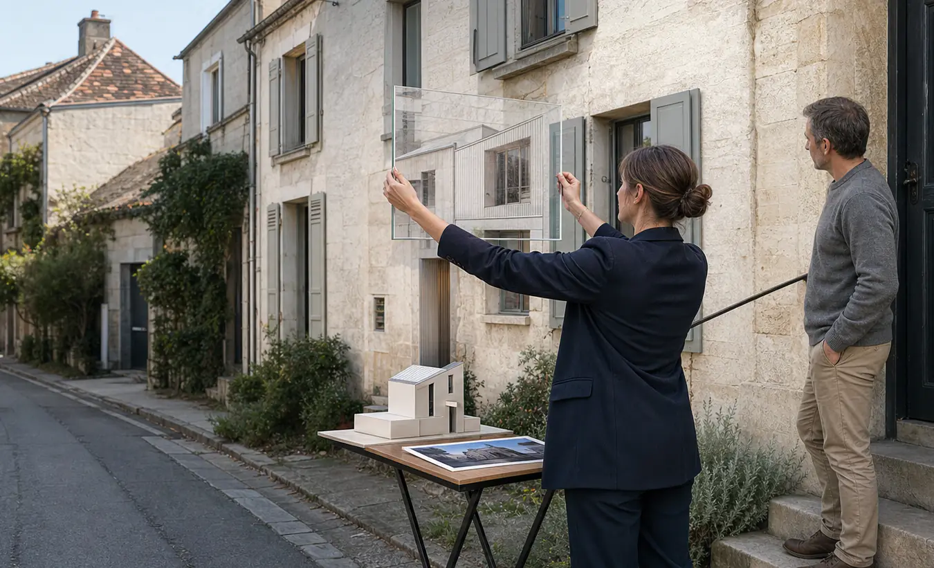 Une professionnelle aligne une insertion paysagère transparente avec une maison dans une rue française