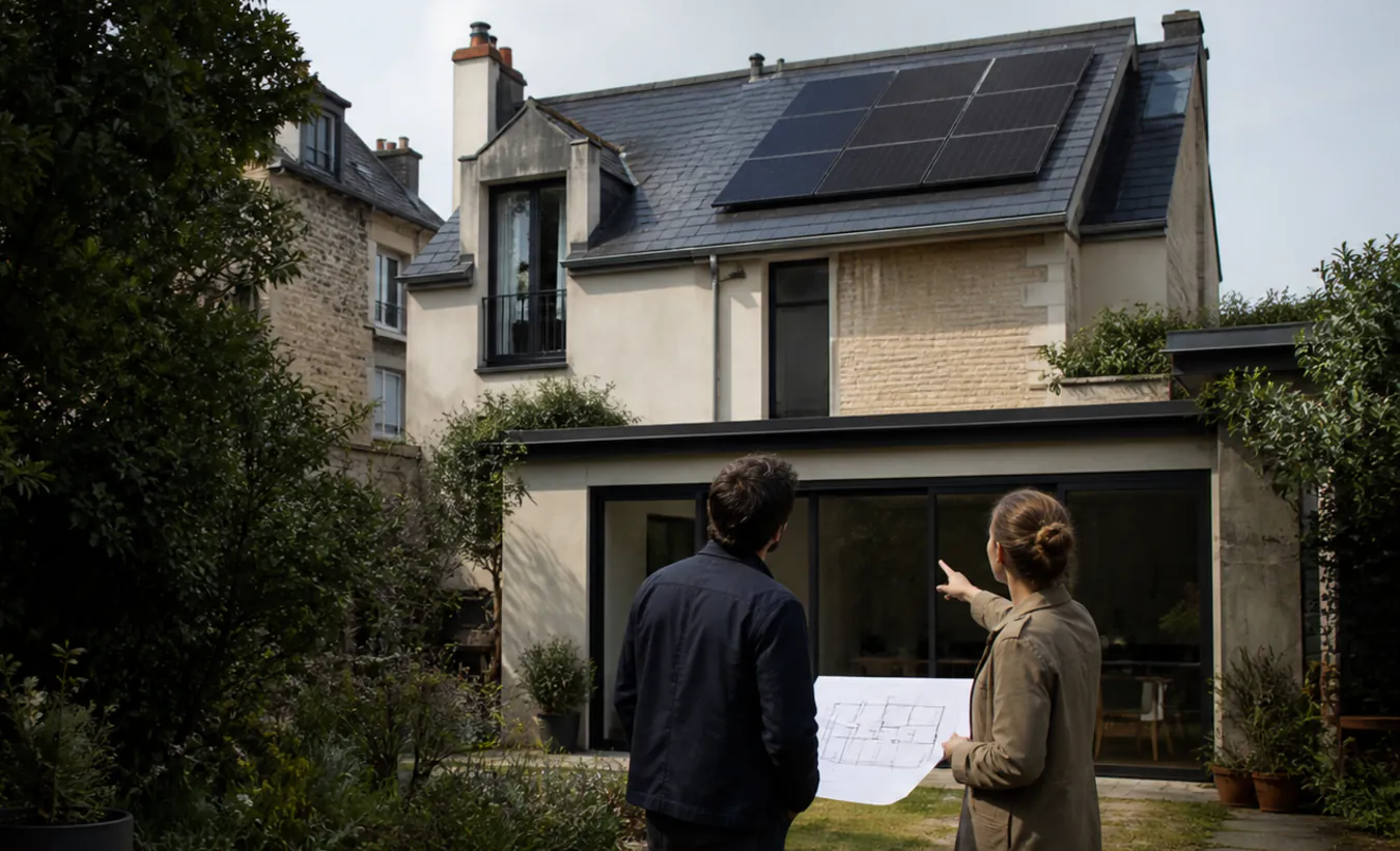 Un architecte et une propriétaire vérifient des panneaux solaires sur une maison d'Île-de-France avec un jardin compact