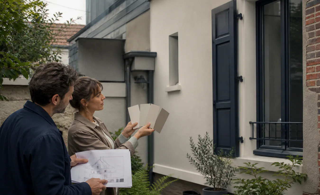 Un architecte et une propriétaire préparent le ravalement d'une maison francilienne en brique et enduit clair