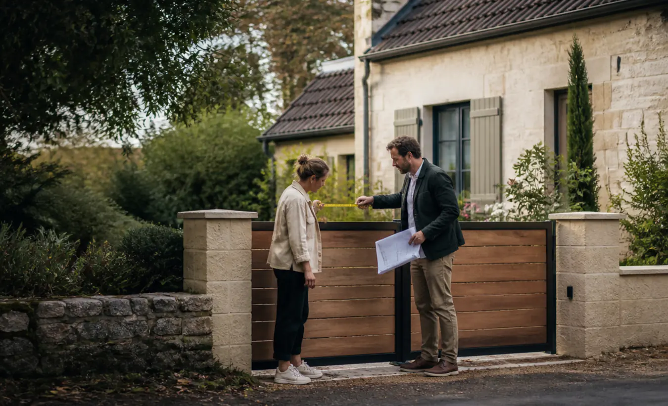 Un architecte et une propriétaire mesurent un projet de clôture devant une maison française au jardin arboré