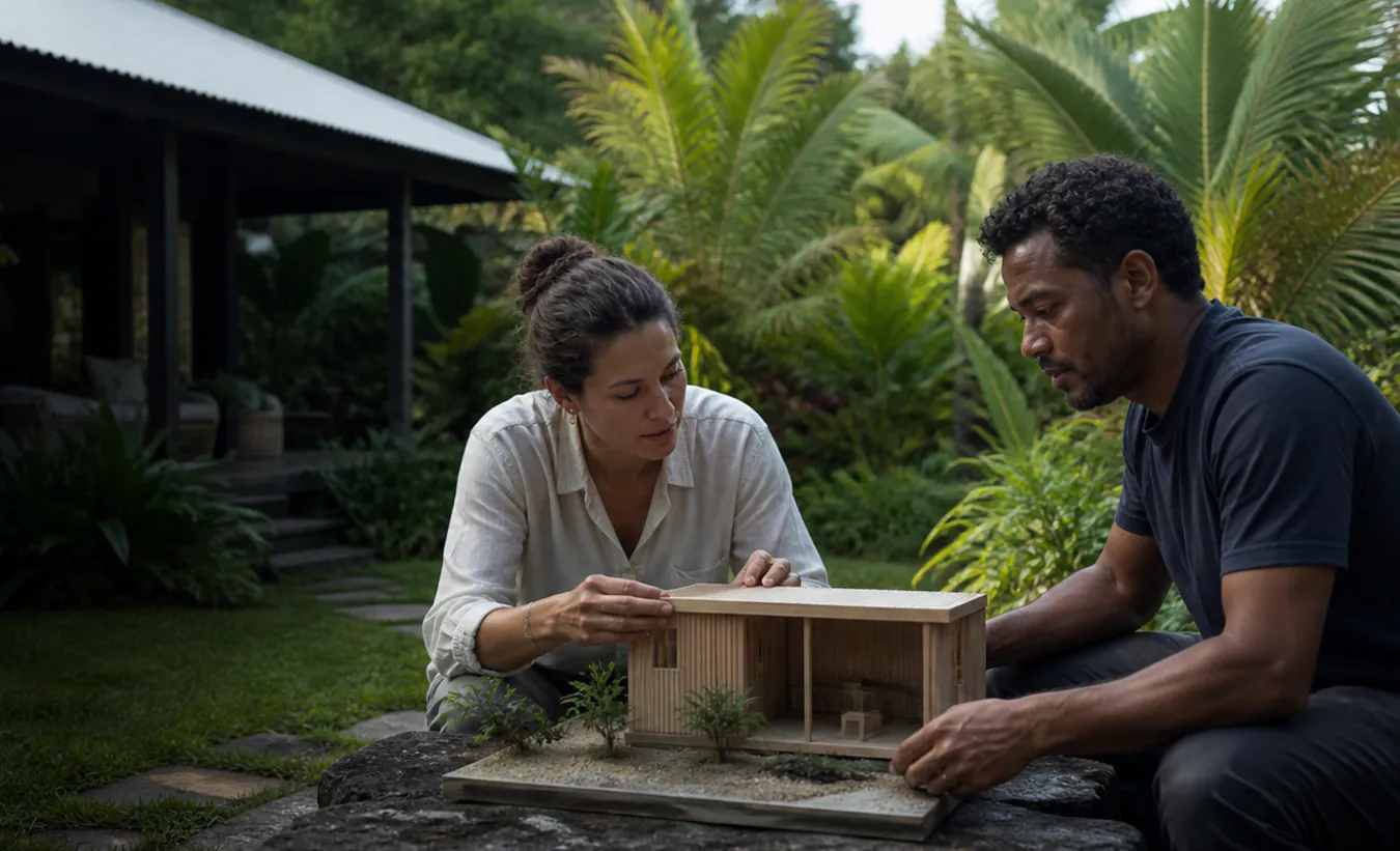 Une architecte et une propriétaire positionnent un abri de jardin près d'une maison tropicale dans un jardin mahorais