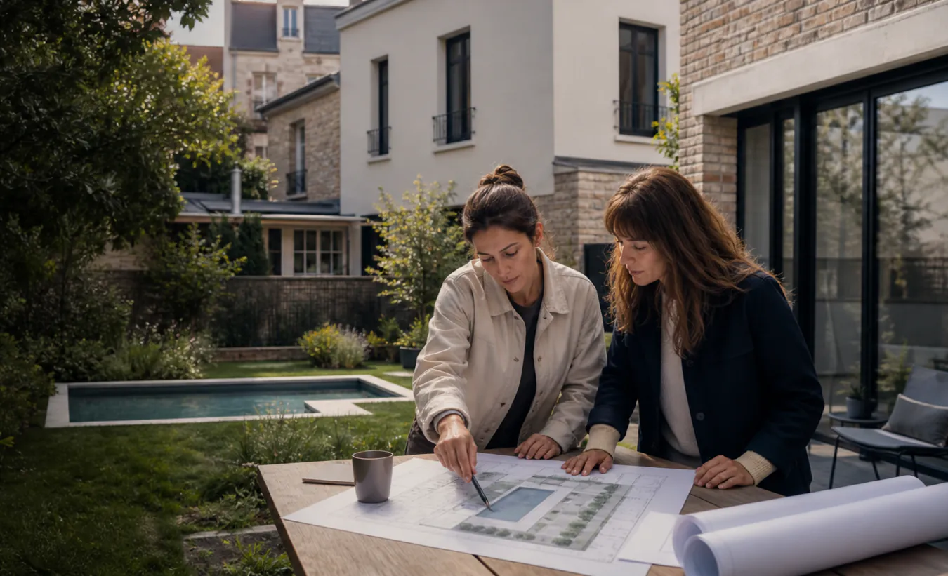 Une architecte et une propriétaire étudient une piscine dans le jardin d'une maison francilienne en brique et enduit clair