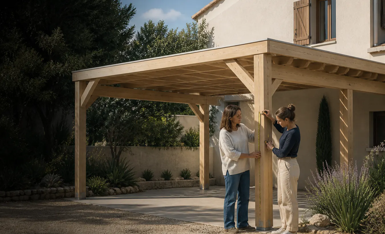 Une architecte et un propriétaire mesurent un carport en bois près d'une maison du sud de la France au jardin minéral