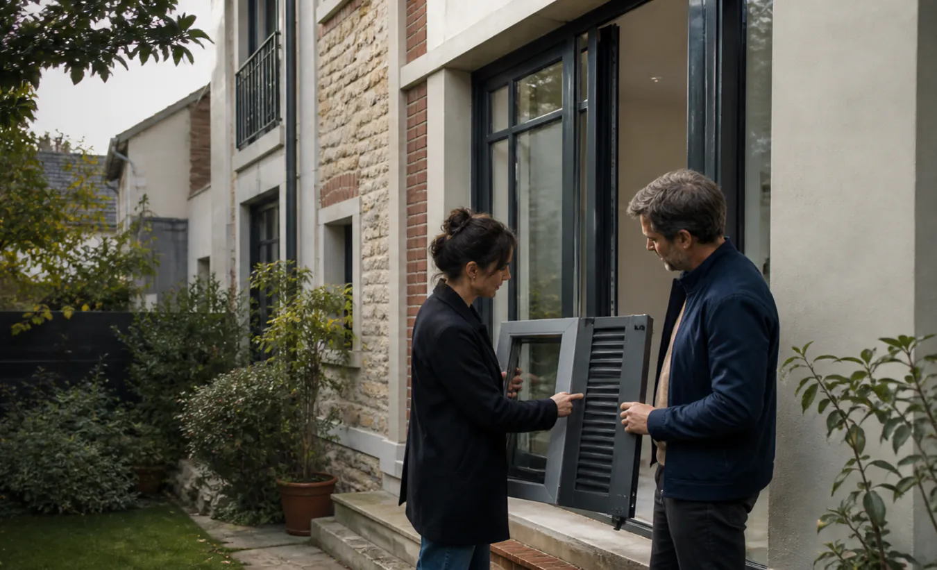 Un architecte et un propriétaire comparent des menuiseries devant une maison d'Île-de-France avec un jardin compact