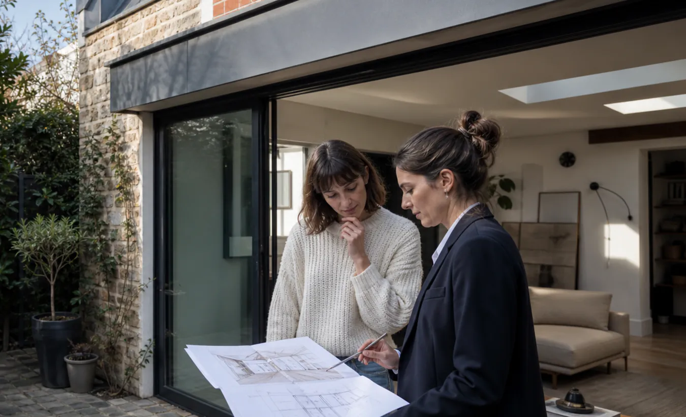Une architecte et une propriétaire examinent la transformation d'un garage d'une maison francilienne en brique et enduit clair