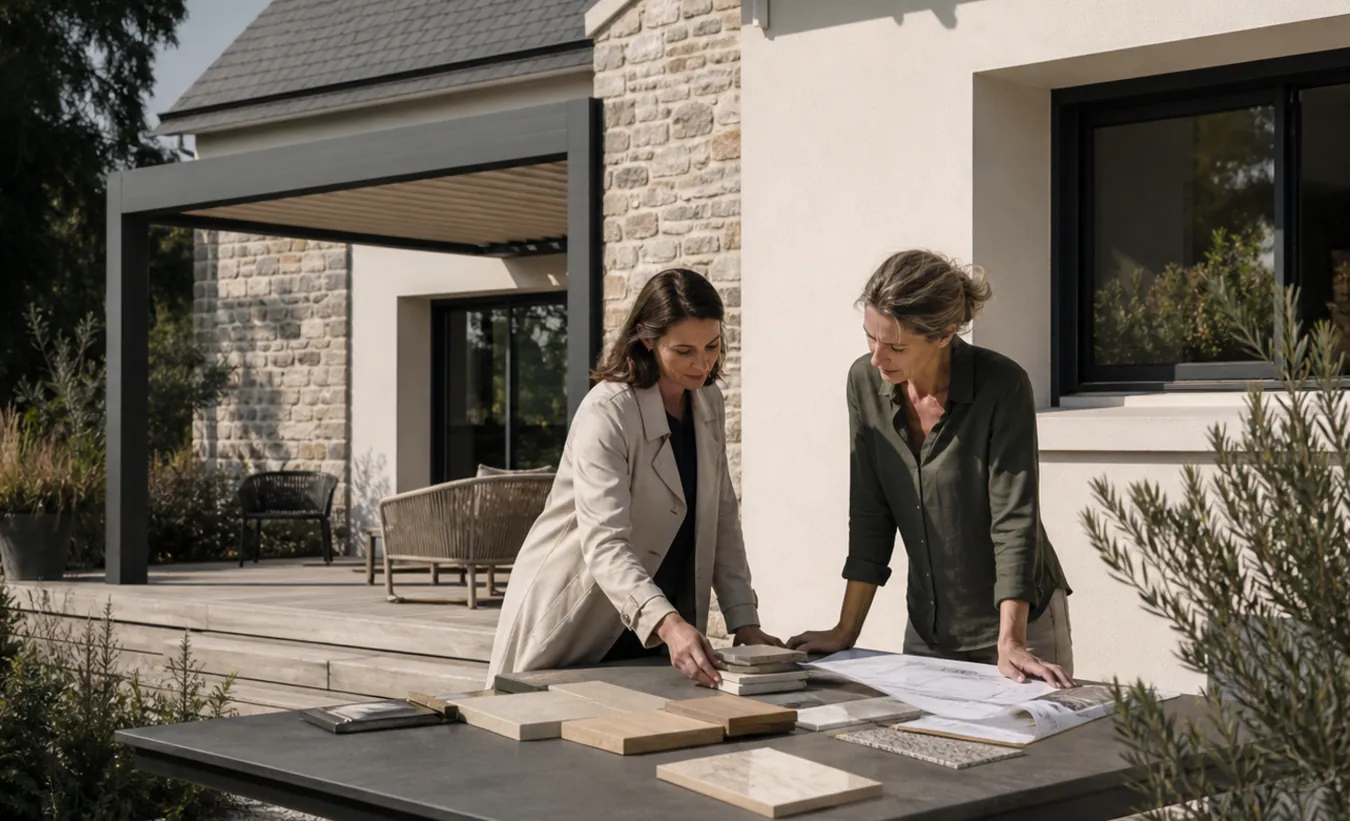 Une architecte et un propriétaire examinent une terrasse avec pergola devant une maison atlantique au toit d'ardoise