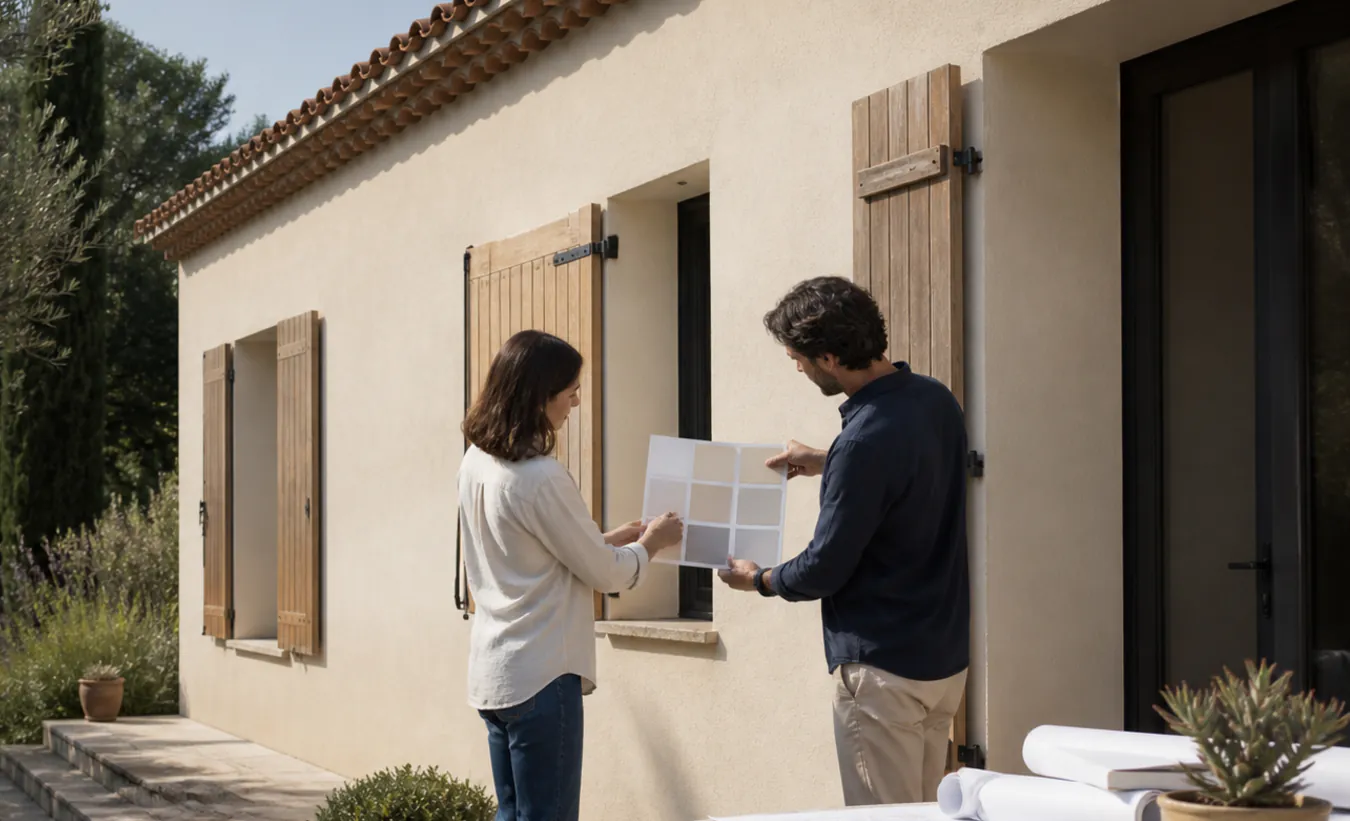 Un architecte et une propriétaire préparent le ravalement d'une maison du sud de la France au jardin minéral