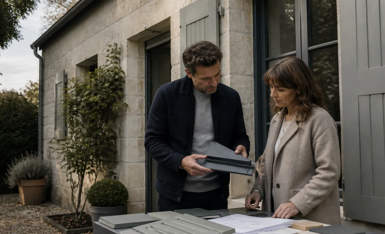 Un architecte et un propriétaire comparent des menuiseries devant une maison française au jardin arboré