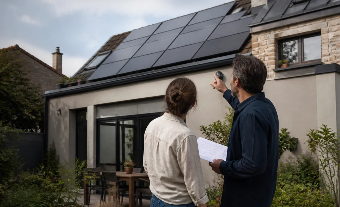 Un architecte et une propriétaire vérifient des panneaux solaires sur une maison d'Île-de-France avec un jardin compact