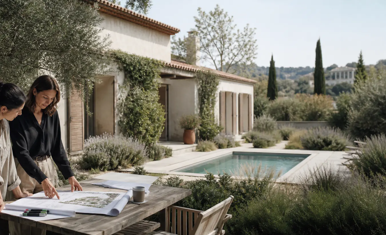 Une architecte et une propriétaire étudient une piscine dans le jardin d'une maison méditerranéenne aux tuiles de terre cuite