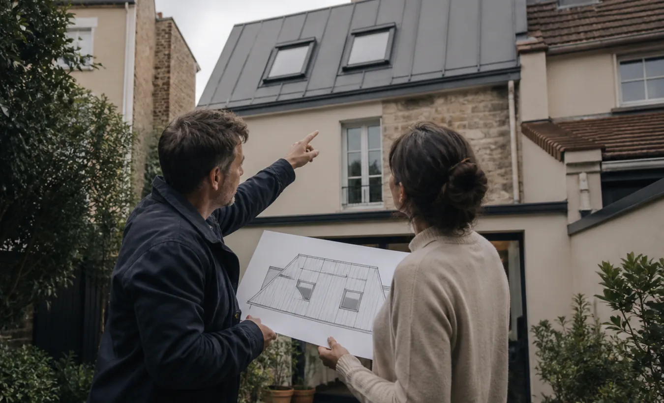 Un architecte et un propriétaire étudient deux fenêtres de toit sur une maison francilienne en brique et enduit clair