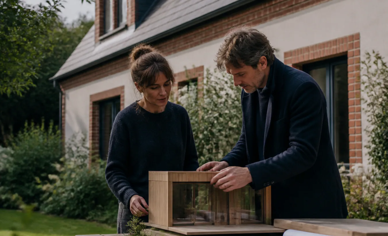 Une architecte et une propriétaire positionnent un abri de jardin près d'une maison du nord en brique et enduit clair