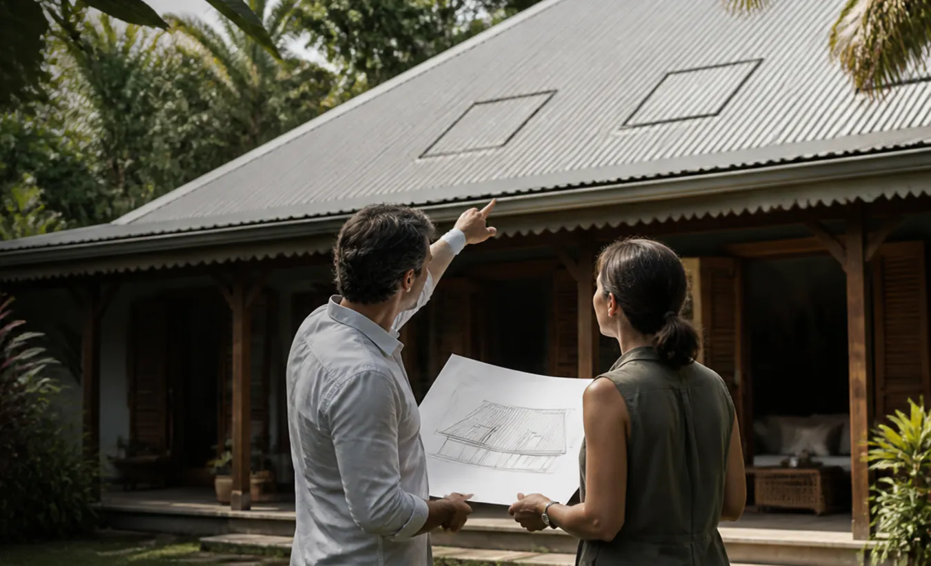 Un architecte et un propriétaire étudient deux fenêtres de toit sur une maison martiniquaise à véranda ombragée