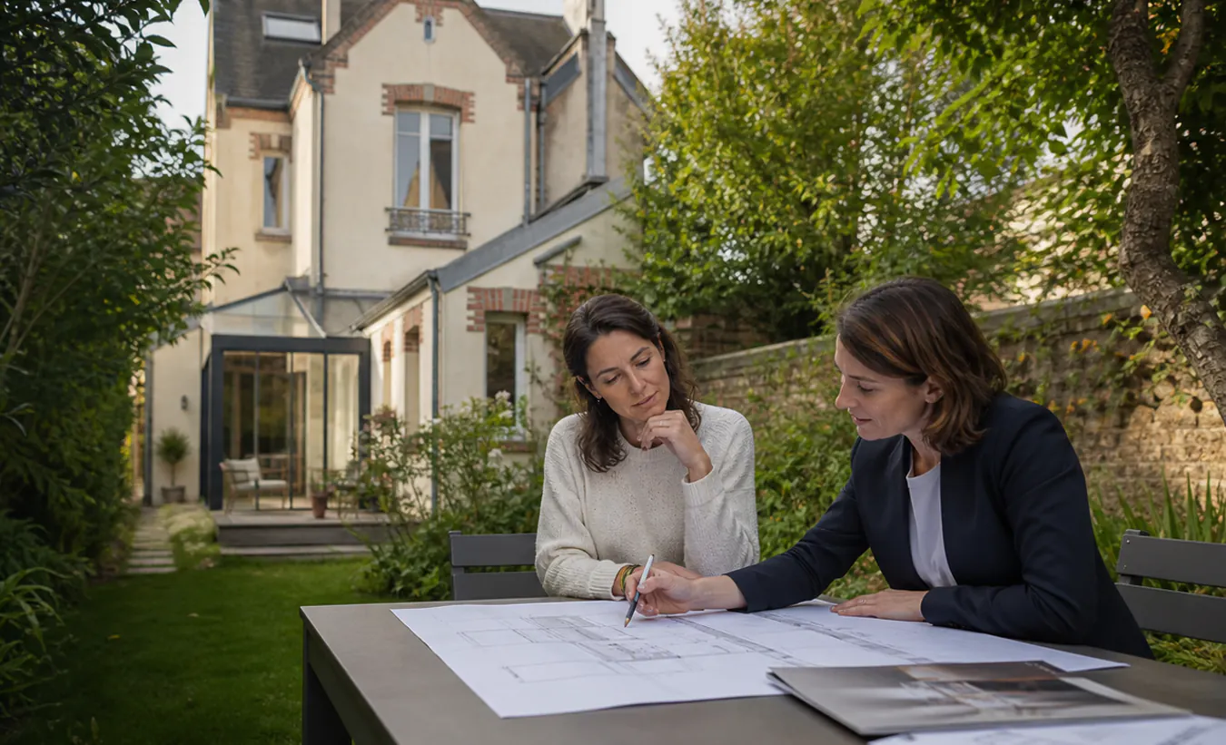 Une propriétaire consulte un plan dans le jardin étroit d'une maison mitoyenne