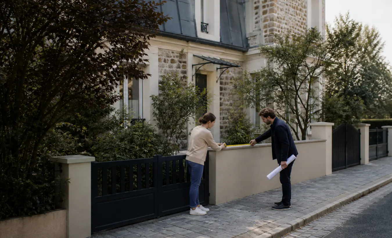 Un architecte et une propriétaire mesurent un projet de clôture devant une maison francilienne en brique et enduit clair