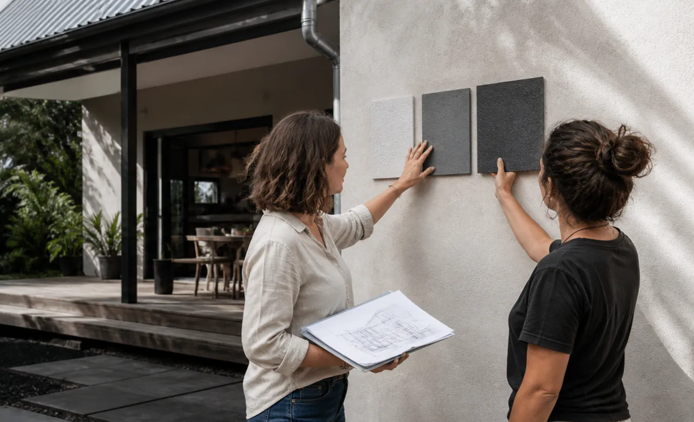 Une architecte et une propriétaire comparent des matériaux de façade devant une maison créole dans un jardin réunionnais
