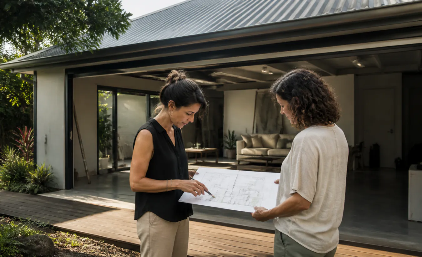 Une architecte et une propriétaire examinent la transformation d'un garage d'une maison créole dans un jardin réunionnais