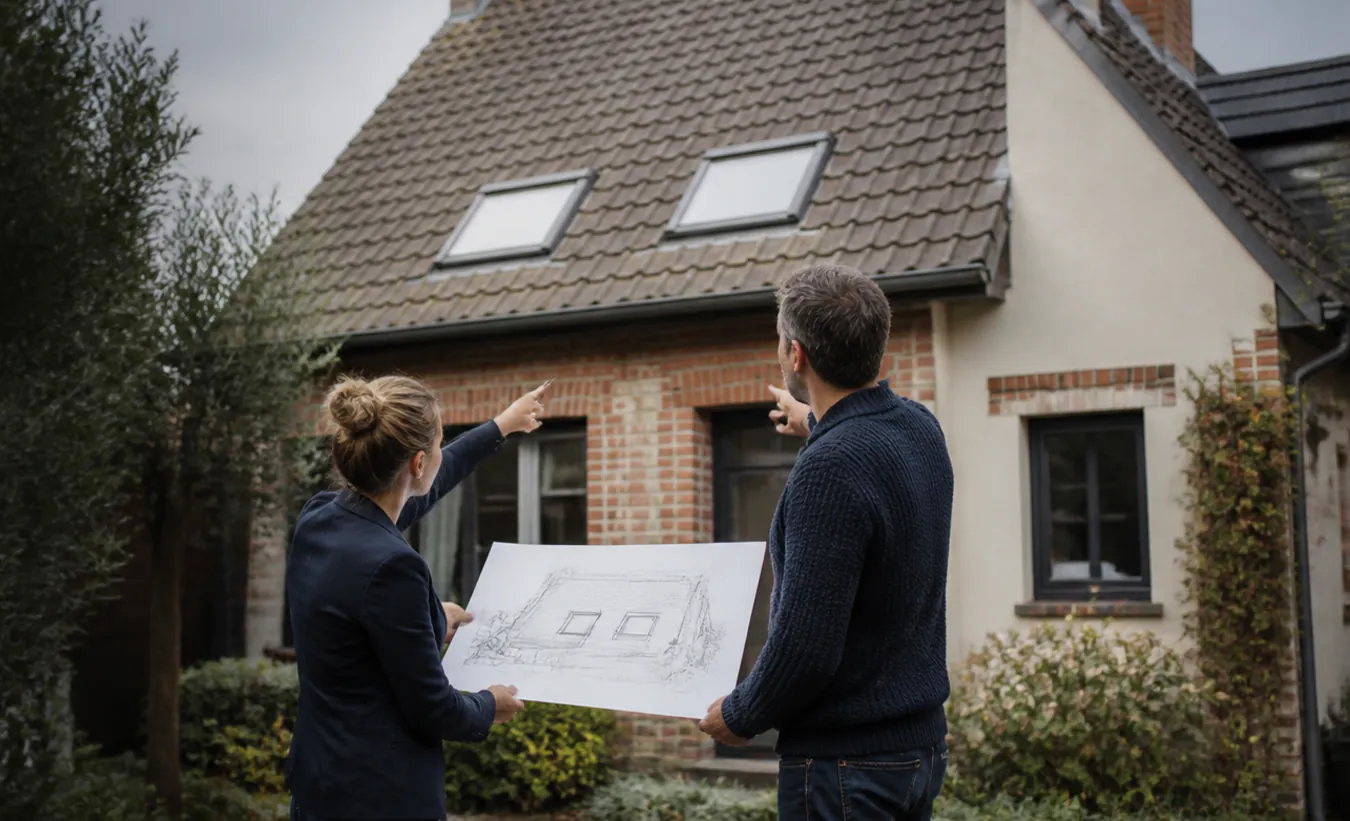 Un architecte et un propriétaire étudient deux fenêtres de toit sur une maison du nord de la France au toit pentu