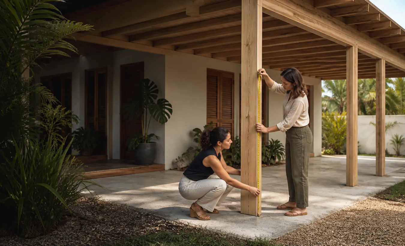 Une architecte et un propriétaire mesurent un carport en bois près d'une maison antillaise aux volets en bois