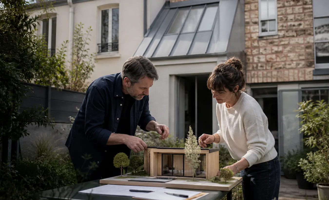 Une architecte et une propriétaire positionnent un abri de jardin près d'une maison francilienne en brique et enduit clair