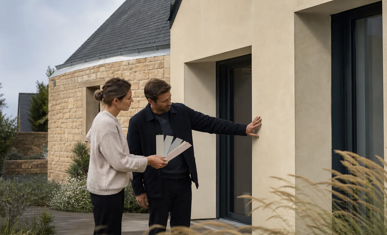 Un architecte et une propriétaire préparent le ravalement d'une maison atlantique au toit d'ardoise