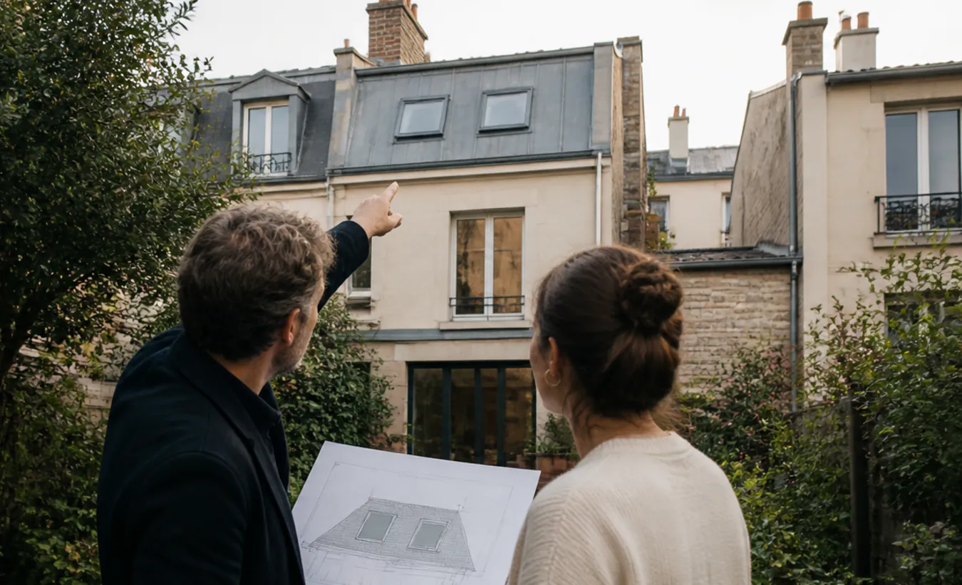 Un architecte et un propriétaire étudient deux fenêtres de toit sur une maison d'Île-de-France avec un jardin compact