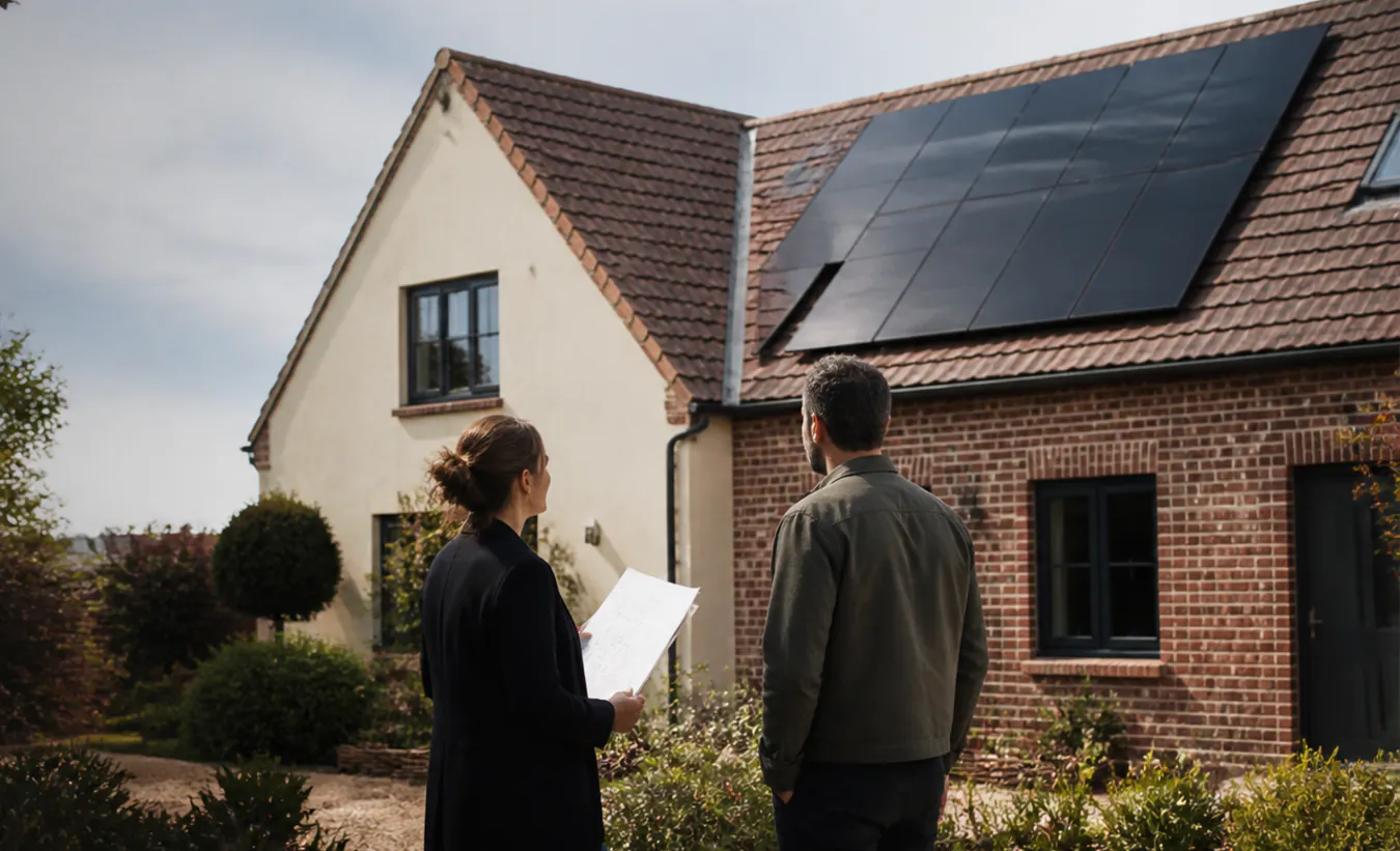 Un architecte et une propriétaire vérifient des panneaux solaires sur une maison du nord en brique et enduit clair