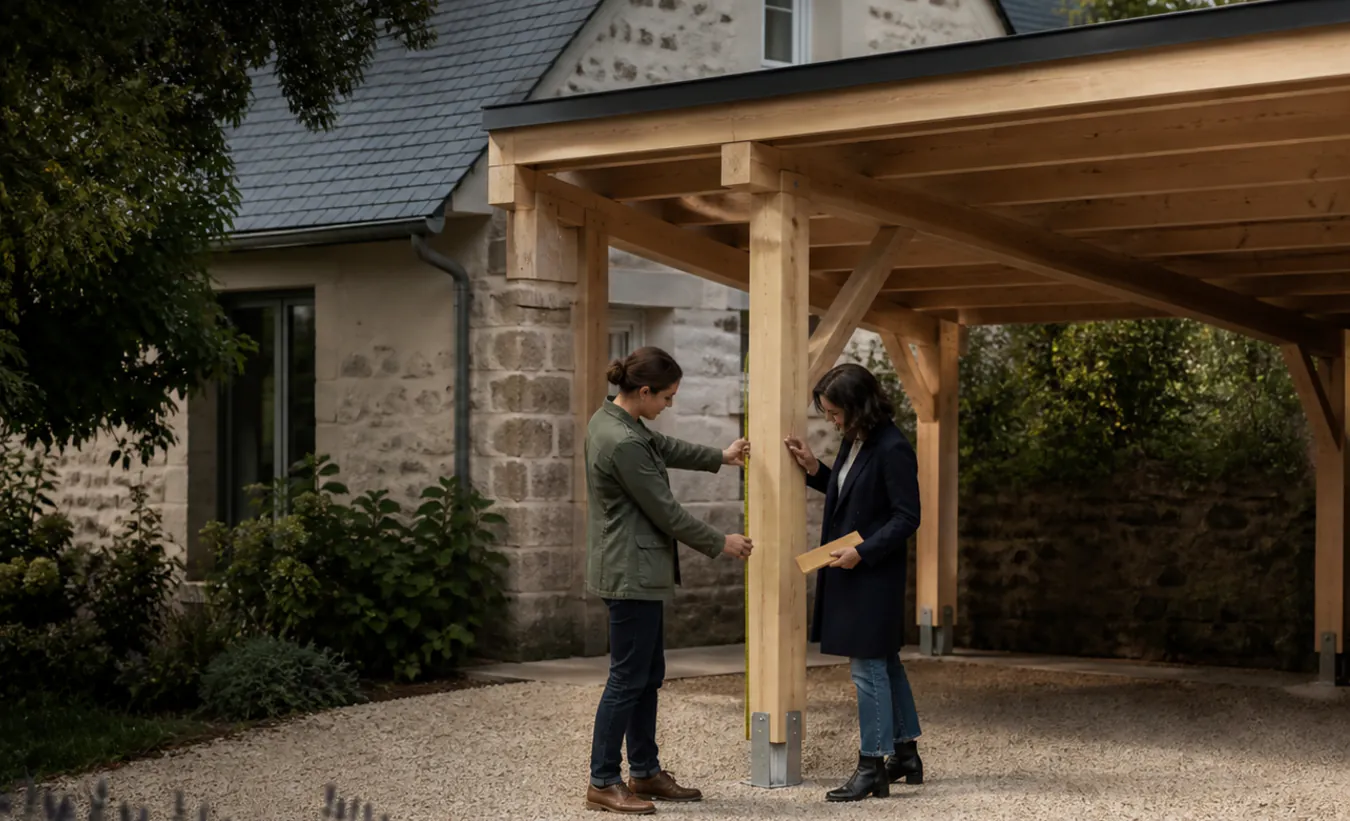 Une architecte et un propriétaire mesurent un carport en bois près d'une maison de l'intérieur de la France en pierre et enduit clair