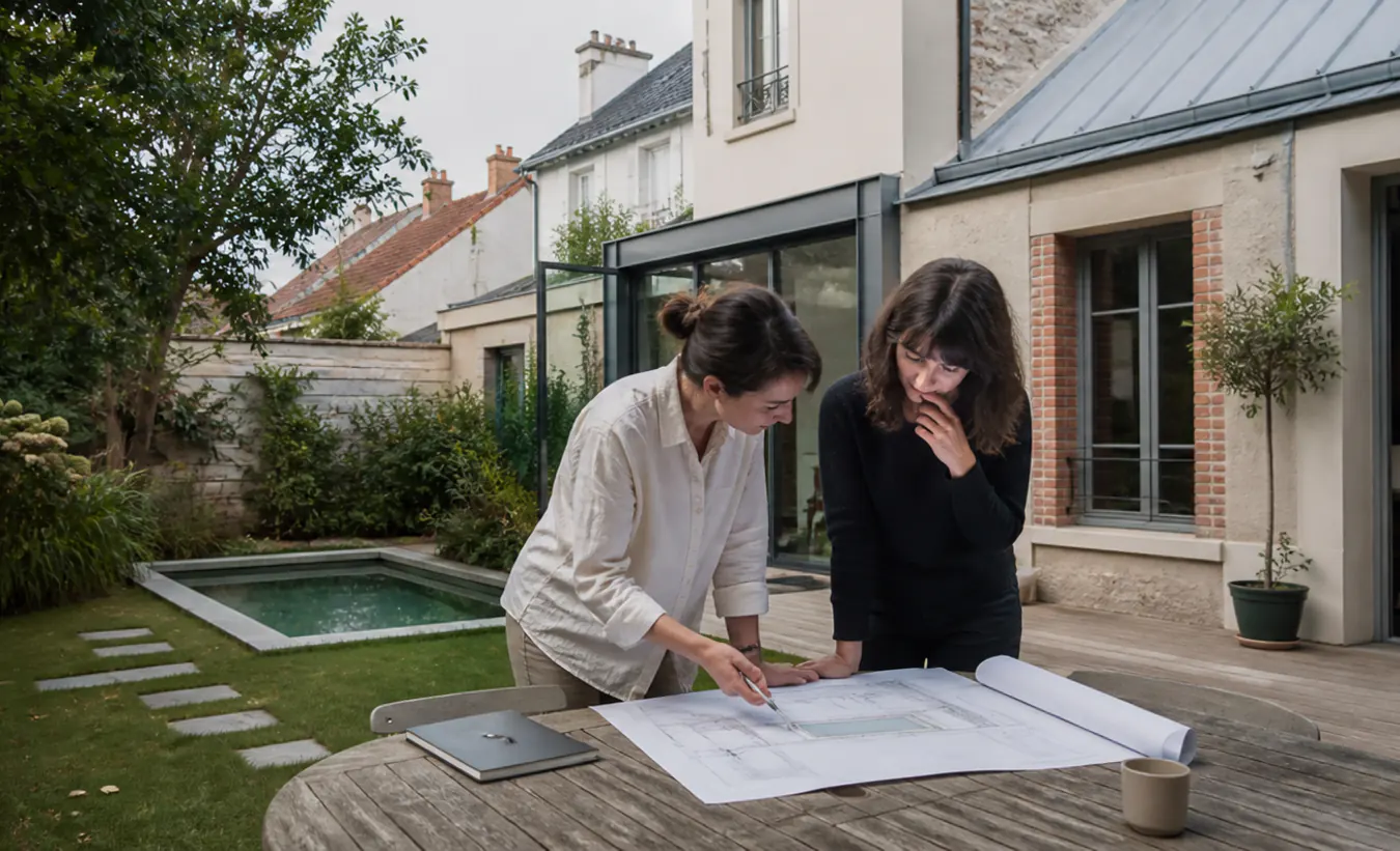 Une architecte et une propriétaire étudient une piscine dans le jardin d'une maison d'Île-de-France avec un jardin compact